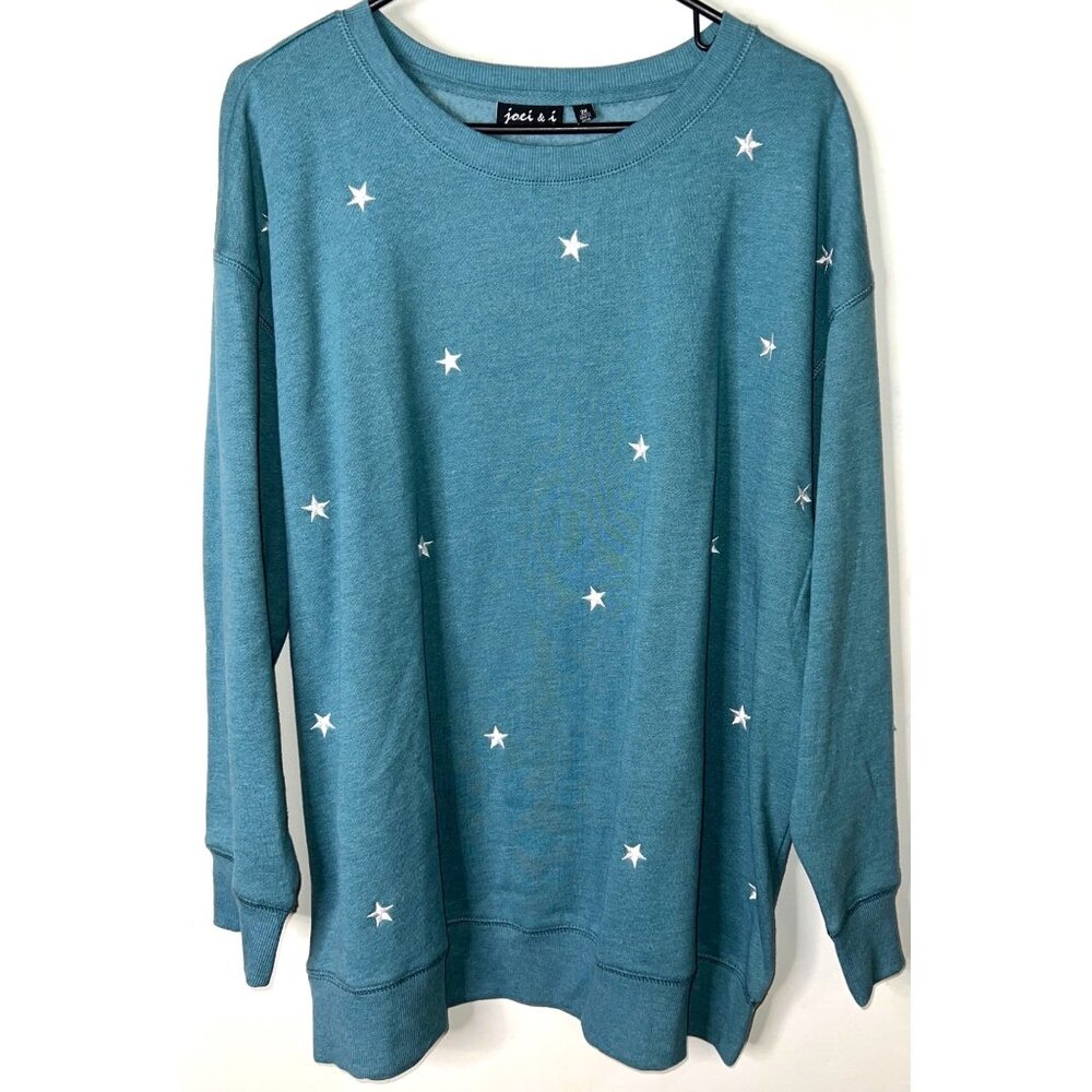 Joei & I Teal Pullover Sweater With Embroidered White Stars 2X Cotton Blend
